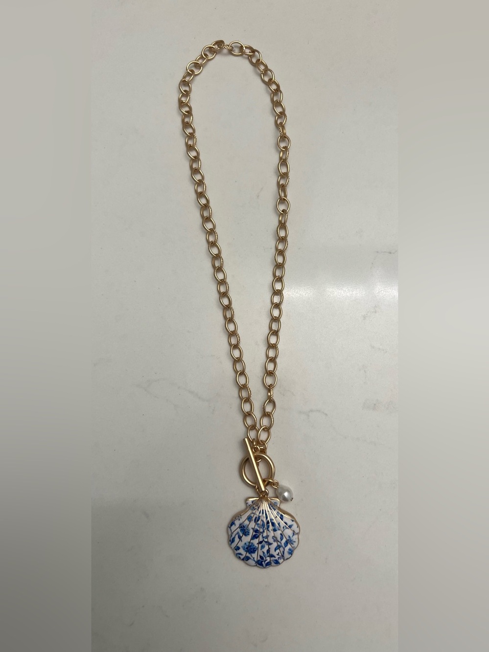 Southern Living Gold-Tone Chain Necklace with Blue Floral Shell and Pearl